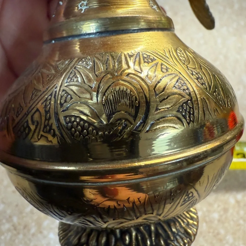 Vintage Gold Tone Brass Etchied Jerusalem Israel Pitchers Set of 2 Small Pourer